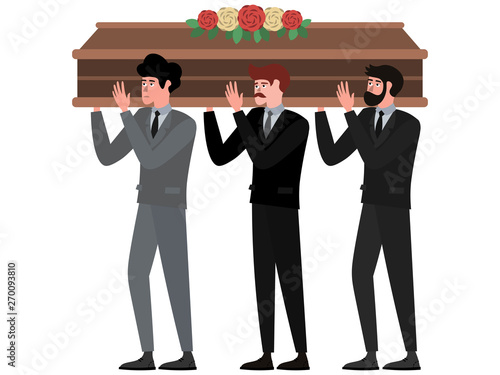 The funeral ceremony, men carry the coffin. In minimalist style Cartoon flat Vector, isolated on white background