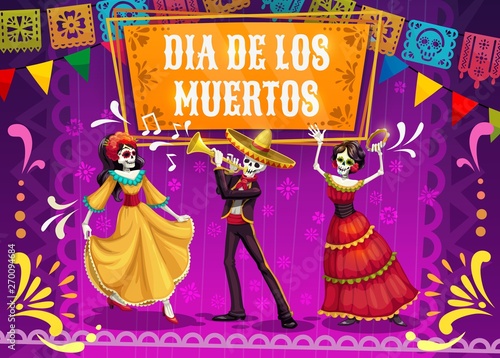 Day of Dead skeletons dancing and playing guitar