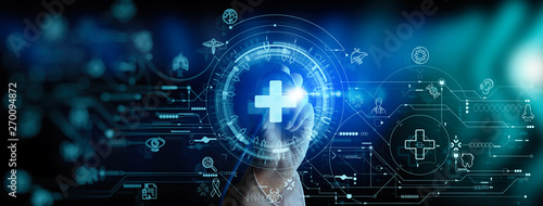 Doctor hand with stethoscope and Ui icon medical in hospital with medical technology network concept.