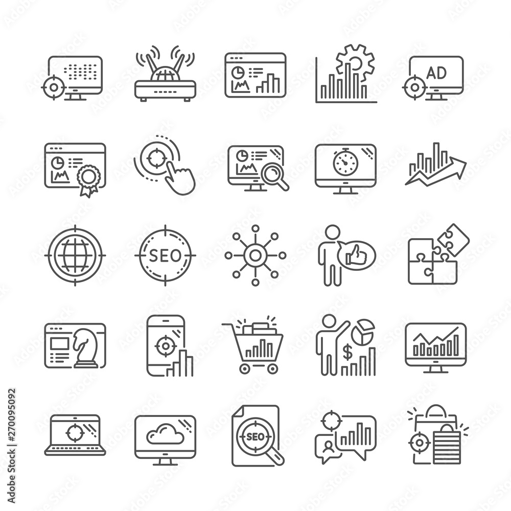 Seo line icons. Set of Business Ad strategy, Increase sales and Website optimization icons. Puzzle, Web seo timer and Analytics increase graph. Search engine, Ad sales pie chart, like icon. Vector