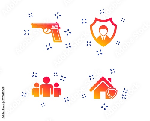 Security agency icons. Home shield protection symbols. Gun weapon sign. Group of people or Share. Random dynamic shapes. Gradient security icon. Vector