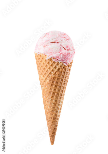 Cherry ice cream scoops with cone isolated on white background