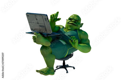 Foto Fat internet troll using a laptop render 3d