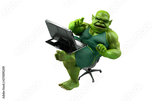 Fat internet troll using a laptop render 3d