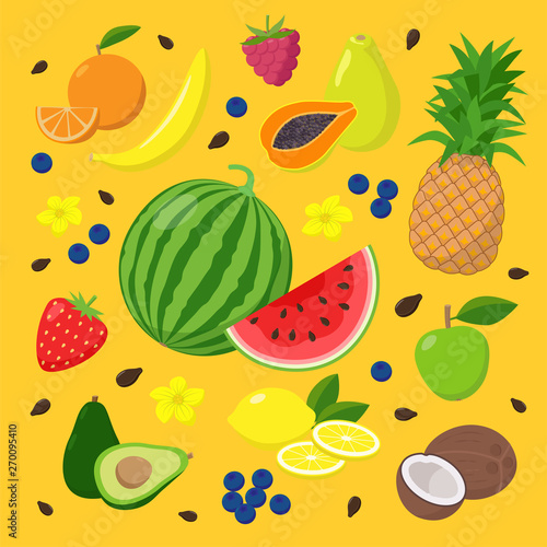 Fototapeta Naklejka Na Ścianę i Meble -  Summer fruits and berries set of vector illustrations isolated on yellow background in flat design. Summertime concept illustration with watermelon, avocado, papaya, coconut, banana, pineapple, lemon.