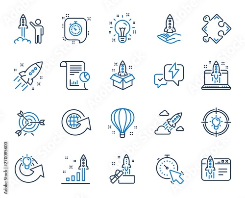 Startup line icons. Launch Project, Business report, Target icons. Strategy, Development plan, Startup space rocket. Air balloon, Out of the Box strategy and Business innovation report. Vector