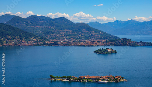 DRONE: Picturesque view of two small islands in the middle of lake Maggiore.