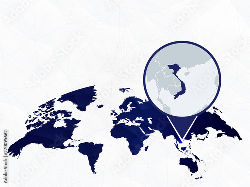 Vietnam detailed map highlighted on blue rounded World Map.