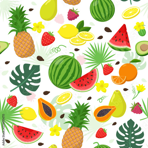 Summer fruits set and tropical leaves seamless pattern isolated on white background. Summertime concept illustration.