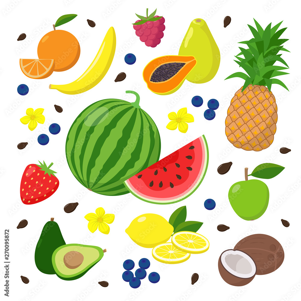 Summer fruits and berries set of vector illustrations isolated on white background in flat design. Summertime concept illustration. Summer fruits and berries set of vector illustrations isolated on white background in flat design. Summertime concept illustration.
