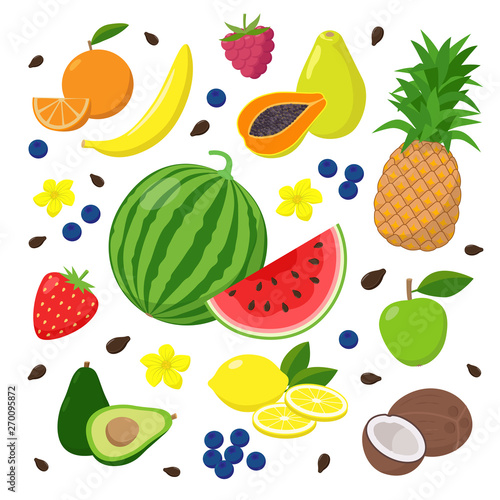 Fototapeta Naklejka Na Ścianę i Meble -  Summer fruits and berries set of vector illustrations isolated on white background in flat design. Summertime concept illustration.