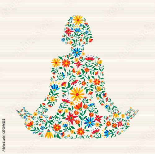 Yoga meditation pose made of colorful flowers