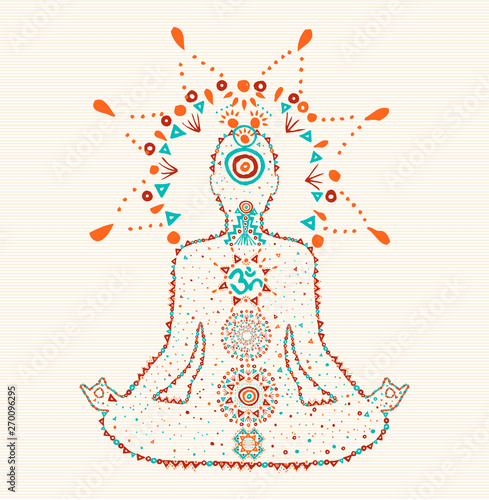 Woman doing lotus yoga pose in boho art style