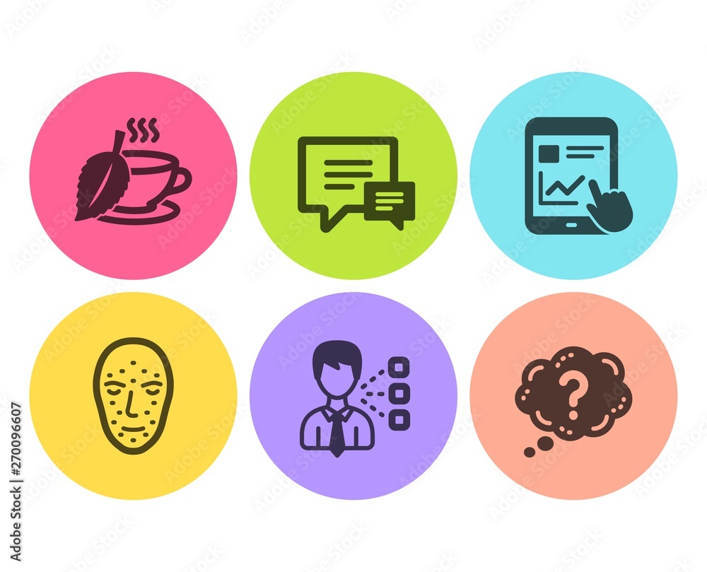 Third party, Internet report and Comment icons simple set. Mint tea, Face biometrics and Question mark signs. Team leader, Web tutorial. Flat third party icon. Circle button. Vector Third party, Internet report and Comment icons simple set. Mint tea, Face biometrics and Question mark signs. Team leader, Web tutorial. Flat third party icon. Circle button. Vector