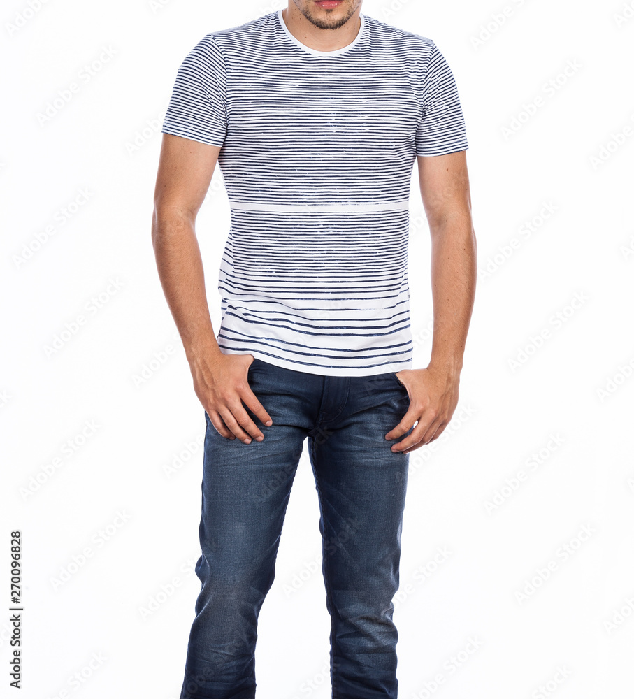Fashion clothes, t-shirt and jeans for men photos made in white background Fashion clothes, t-shirt and jeans for men photos made in white background