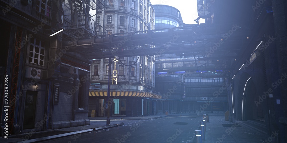 Futuristic city. Empty street with neon lights. Photorealistic 3d illustration in the style of cyberpunk. Urban landscape in a white haze. - obrazy, fototapety, plakaty 