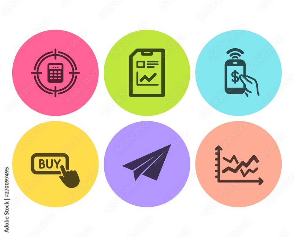Phone payment, Buy button and Report document icons simple set. Calculator target, Paper plane and Diagram chart signs. Mobile pay, Online shopping. Technology set. Flat phone payment icon. Vector