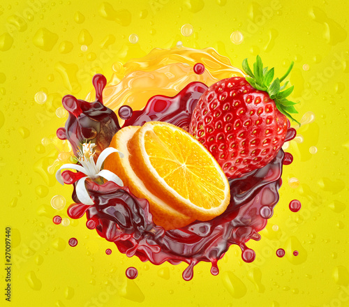 Fototapeta Naklejka Na Ścianę i Meble -  Orange strawberry fruit juices mix liquid swirls splashes. Healthy fruits juice splashing together - orange, strawberry juice in two wave swirls form. Liquid drink label design. 3D