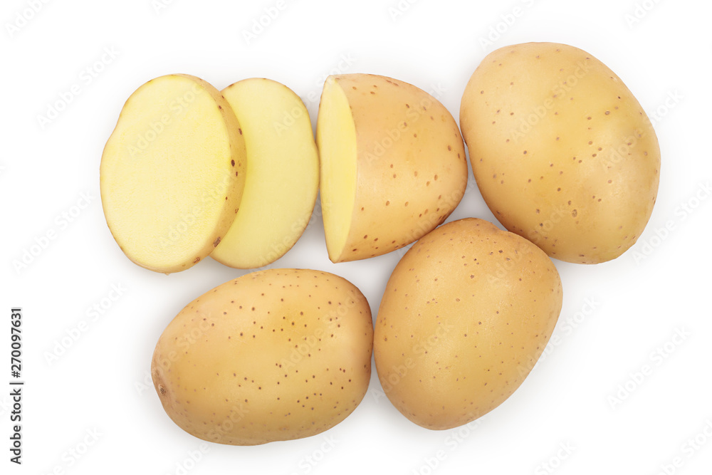 Young potato isolated on white background. Harvest new. Top view. Flat lay, Young potato isolated on white background. Harvest new. Top view. Flat lay,