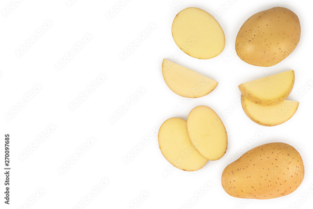 Young potato isolated on white background. Harvest new. Top view. Flat lay, Set or collection Young potato isolated on white background. Harvest new. Top view. Flat lay, Set or collection