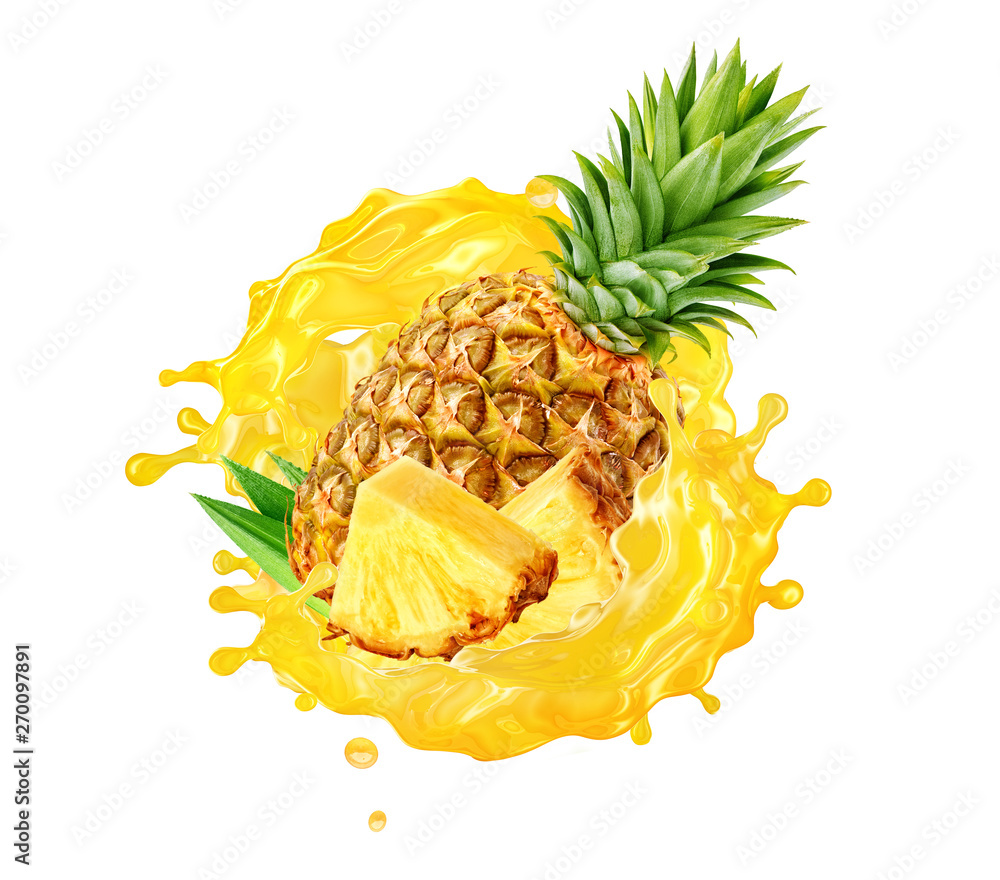Fresh ripe pineapple, slice and pineapple juice splash wave. Healthy ...