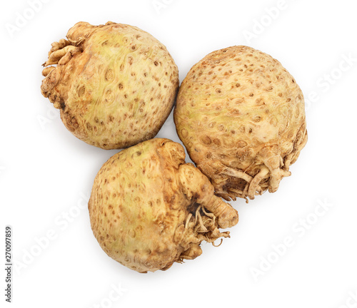 Fresh celery root isolated on white background. Top view. Flat lay