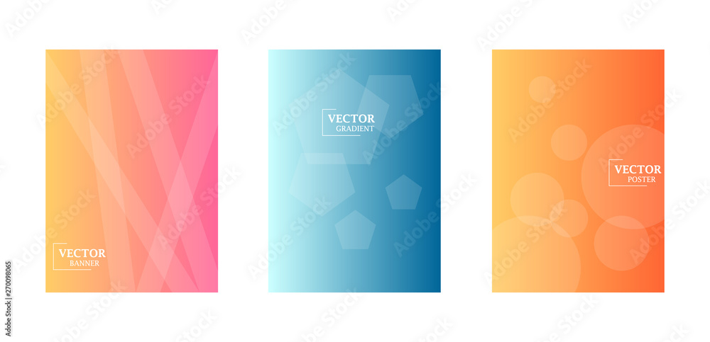Dynamic background with gradient texture, geometric pattern with polygon, lines, circles. Three template for flyers. Abstract wallpaper for business brochure,  cover design.