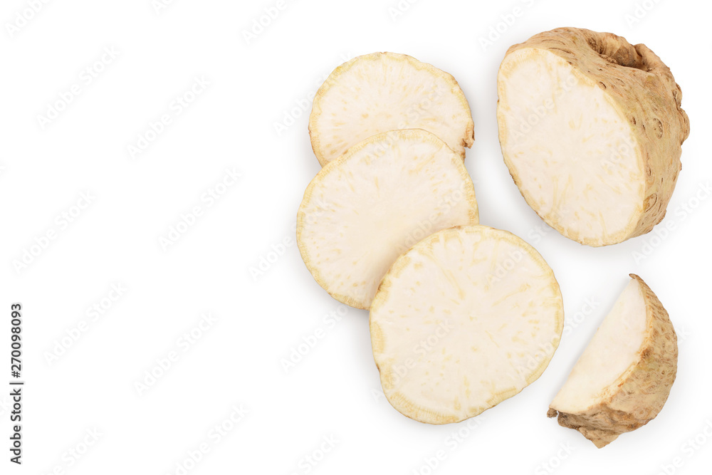 Fresh celery root isolated on white background. Top view. Flat lay. Fresh celery root isolated on white background. Top view. Flat lay.