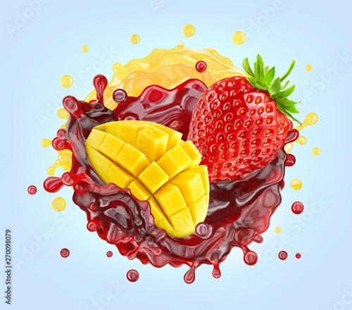 Healthy srawberry and mango fruit juices mix liquid swirls splashes. Fruits juice splashing together - mango, strawberry juice in two wave swirls form. Liquid drink label design. 3D photo