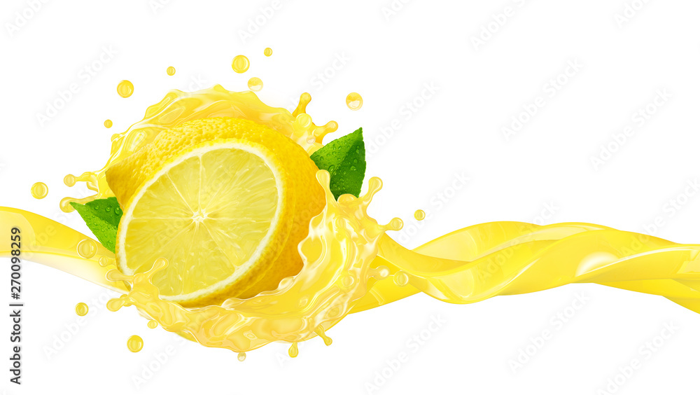 Fresh ripe lemon fruit, lemon slice and lemon juice or diet lemonade splash  wave. Juice splashing, lemon juice label. Liquid healthy detox drink  tropical citrus fruit design element. 3D Stock Illustration