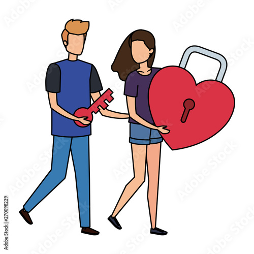 young couple lifting padlock with heart shape