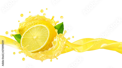 Fresh ripe lemon fruit, lemon slice and lemon juice or diet lemonade splash wave. Juice splashing, lemon juice label. Liquid healthy detox drink tropical citrus fruit design element. 3D