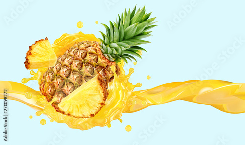 Fresh ripe pineapple, slice and pineapple juice splash wave. Healthy food or tropical fruit drink liquid ad label design. Tasty smoothie splash isolated, healthy diet concept. 3D render