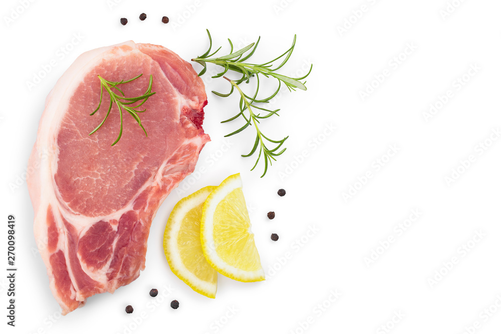sliced raw pork meat with rosemary and lemon isolated on white background with copy space for your text. Top view. Flat lay sliced raw pork meat with rosemary and lemon isolated on white background with copy space for your text. Top view. Flat lay