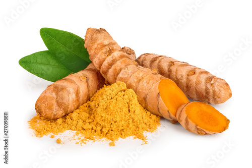 turmeric root and powder isolated on white background close up photo
