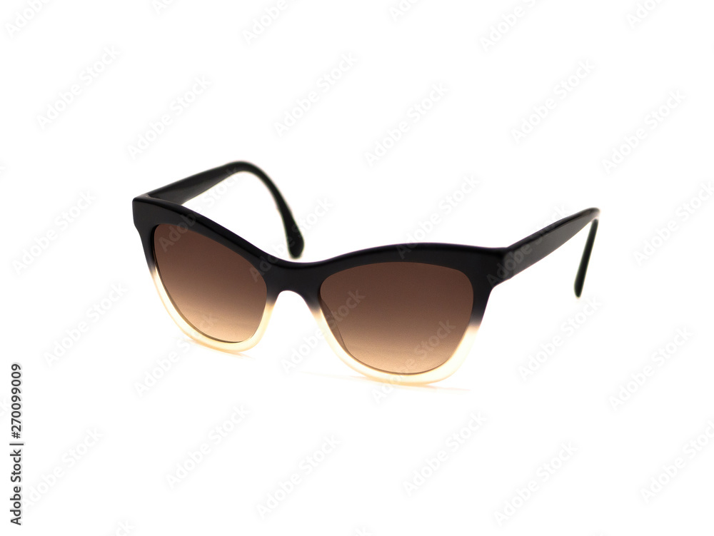 Cool modern black and brown sunglasses isolated on white background. Summer Travel Vacation Concept. Sale kit. Eye protection Cool modern black and brown sunglasses isolated on white background. Summer Travel Vacation Concept. Sale kit. Eye protection