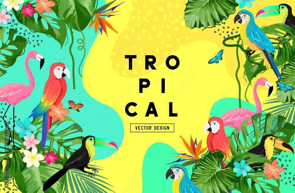 Fototapeta premium Układ ramki tła egzotycznej dżungli lato z liśćmi palmowymi i tropikalnymi ptakami. Ilustracji wektorowych