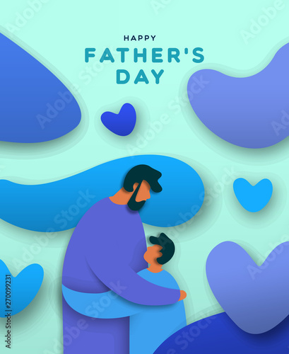 Fathers Day banner of paper cut dad and son hug