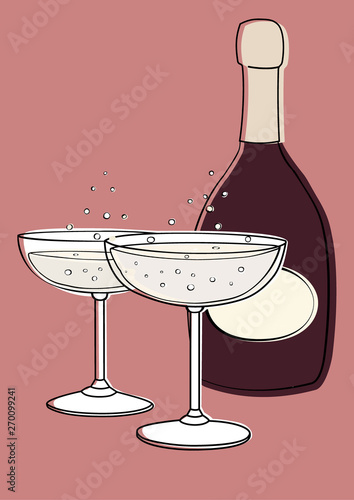 Vintage champagne bottle and two coupe glasses. Hand drawn vector art.