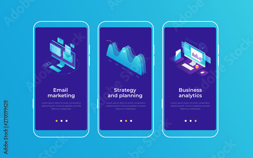 Set of onboarding screens for mobile apps. Banners with monitors screen and graph demonstrating email marketing, business planning and analytics. Mobile UI UX app interface template.