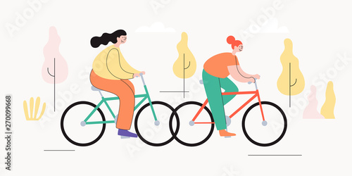 Young cheerful girls ride bicycles in autumn park. The concept of an active lifestyle. Ecological type of urban transport. Vector illustration in trendy flat style.