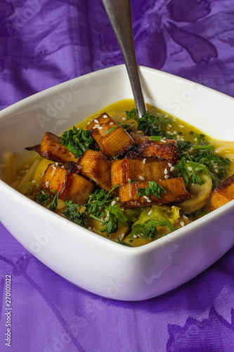 Stewed mushrooms with smoked tofu vertical view