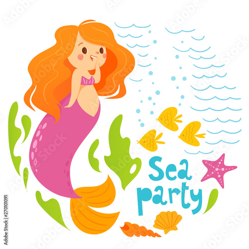Sea party cartoon style vector summer design with cute mermaid girl and sea fish 