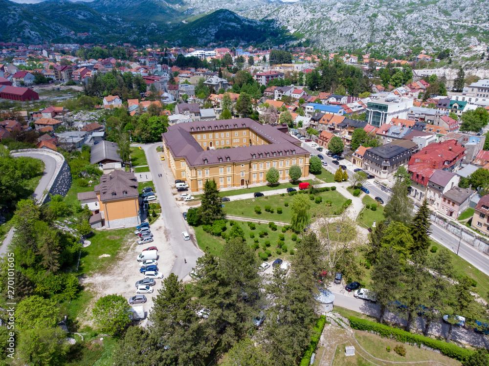Cetinje, Montenegro. View from above of the National Museum landmark in the city of Cetinje, Montenegro