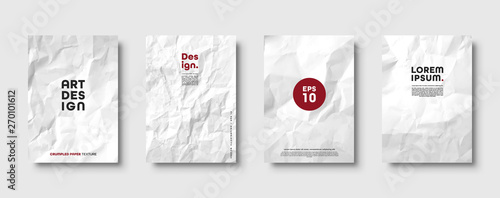 Crumpled white paper texture pattern. Minimal covers set. Rough grunge old blank. Vector abstract background.