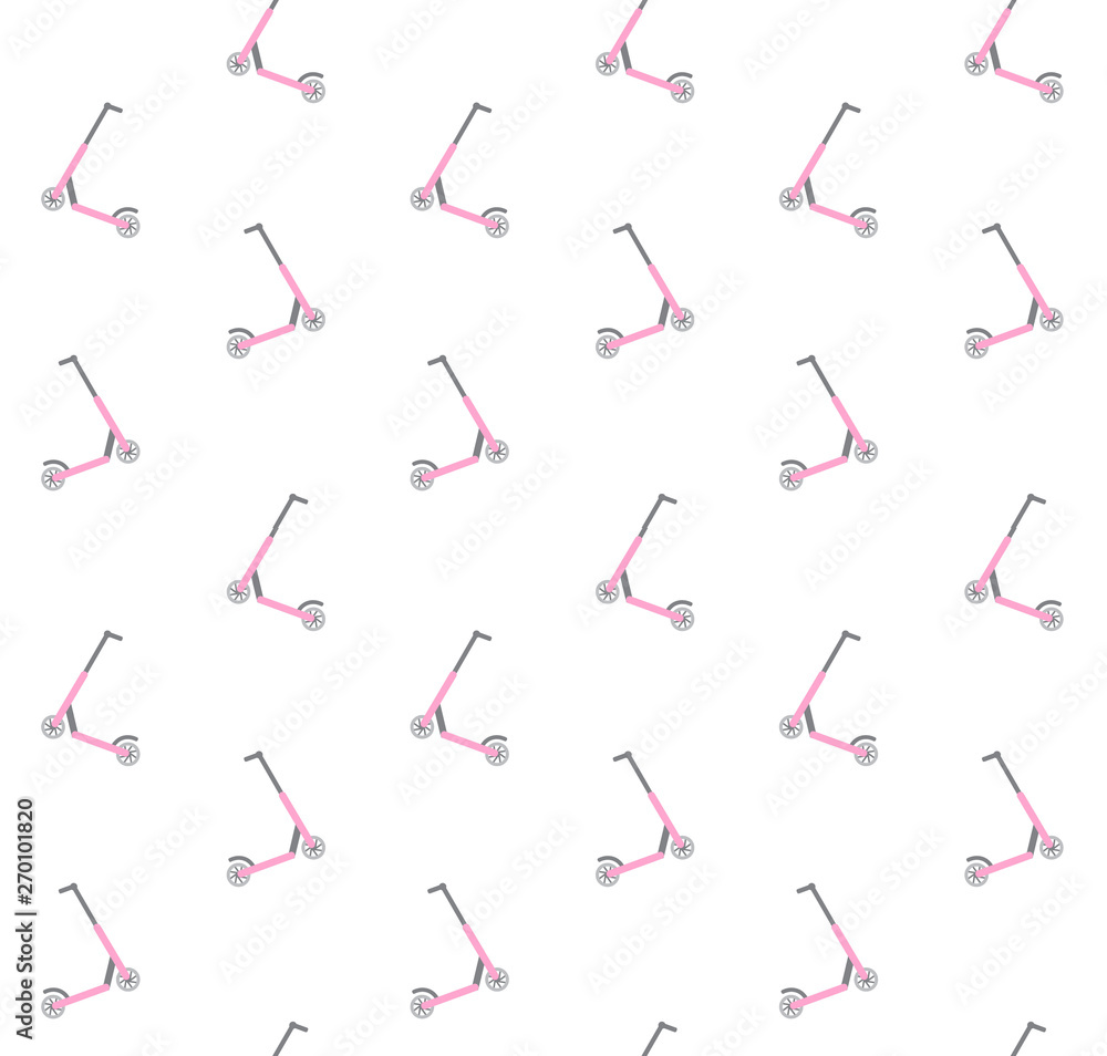 Vector seamless pattern of flat cartoon pastel pink scooter isolated on white background Vector seamless pattern of flat cartoon pastel pink scooter isolated on white background