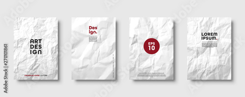 Crumpled white paper texture pattern. Minimal covers set. Rough grunge old blank. Vector abstract background.