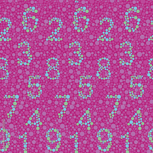 Daltonism color test inspired fun dotted seamless vector pattern with numbers created from dots on pink background. Surface pattern design for fabric, scrapbooking, wallpaper projects.