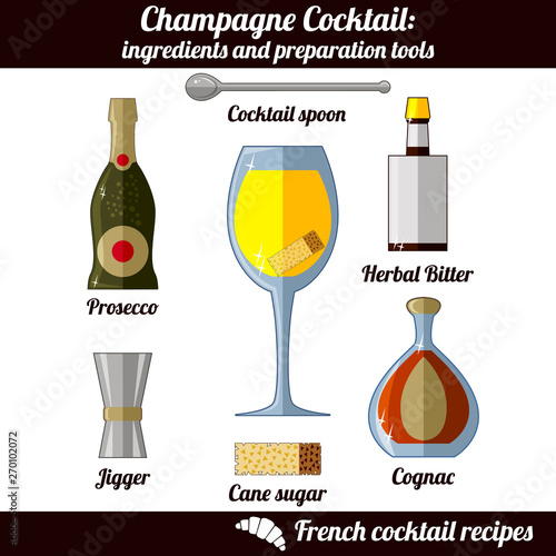 Champagne cocktail. Infographic set of isolated elements on white background.
