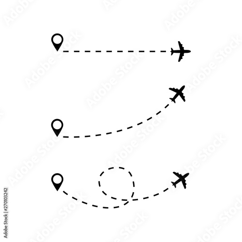 Set of airplane flight routes line path - isolated vector illustration